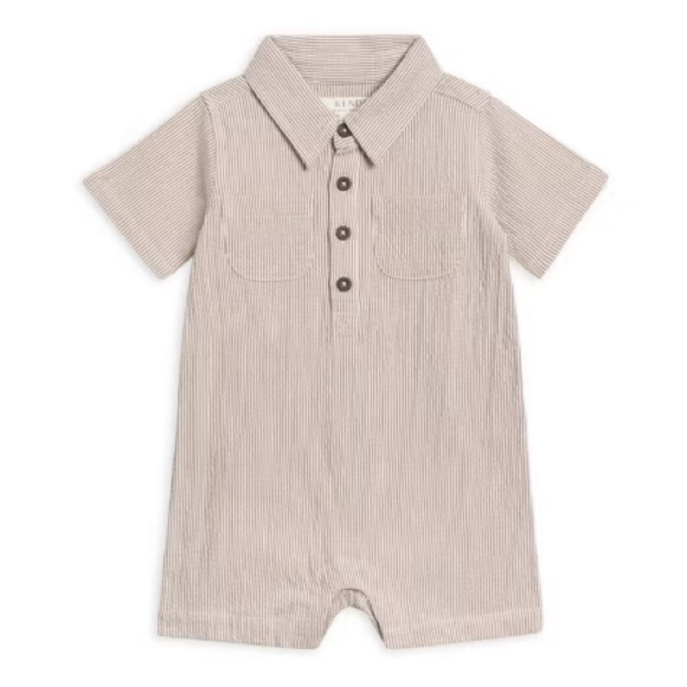 NWT Kendi Romper 12-18M seersucker brown pinstriped pattern
